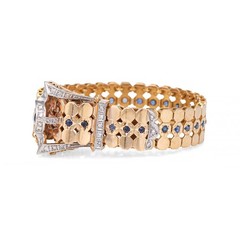 1940s Portuguese Retro Buckle Bracelet Sapphire 19k Rose Gold 7″ Fine Jewelry