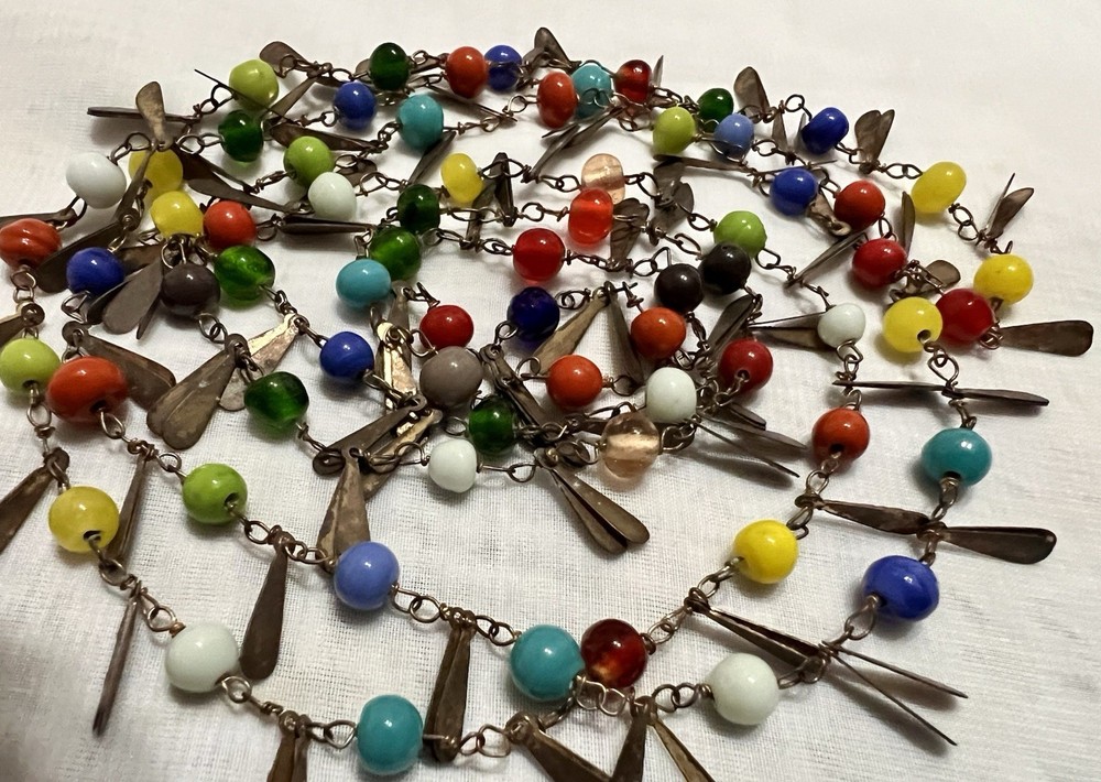 CZECH Flapper Length 54″ ART GLASS BEAD & TEARDROP METAL TAG Necklace VINTAGE