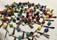 CZECH Flapper Length 54″ ART GLASS BEAD & TEARDROP METAL TAG Necklace VINTAGE