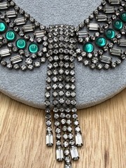 Hobe Signed Clear & Green Glass Rhinestone Necklace 16.5” With 3.75” Fringe VTG