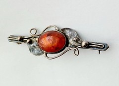 Vtg Antique Art Nouveau Natural Cognac AMBER STERLING Silver Bar Pin BROOCH