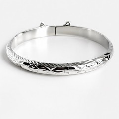 Vintage Thailand Sterling Silver Hinged Bangle Bracelet Etched 7” Safety Chain