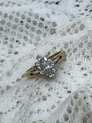 VINTAGE Marquise Cluster Ring Gold Art Glass Halo Engagement Ring – SIZE 5.25