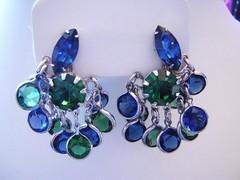 WEISS Lavish ADMIRAL BLUE & FOREST GREEN Rhinestones FRINGE Necklace & Earrings