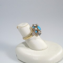 Antique Victorian 14k Gold Ring w Persian Turquoise and Seed Pearls size 6.75