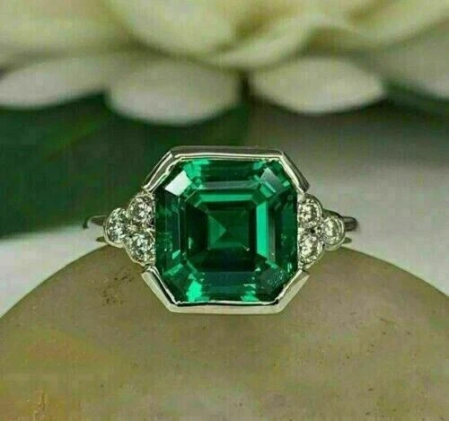 Art Deco Style Asscher Lab Created Diamond 14K White Gold FN Birthday Gift Ring