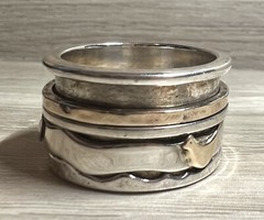Vintage Designer (AIL) Sterling Silver & Gold Bird Wide Spinner Ring, Size 10