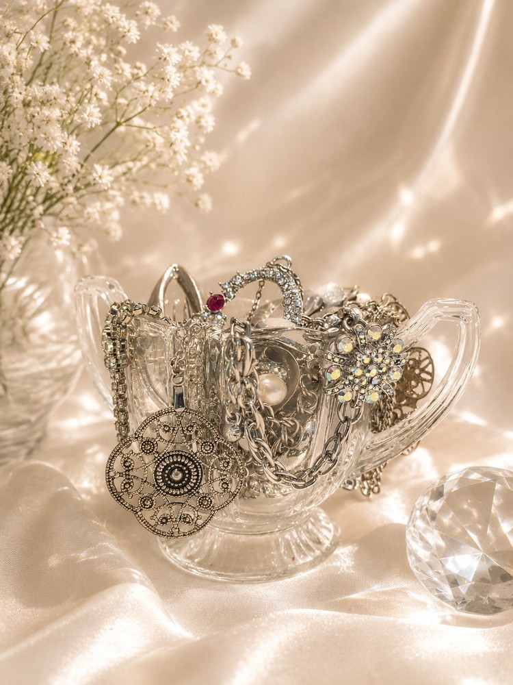 Vintage Style to Modern Jewelry Lot in Glass Dish Silver Tone Rhinestone Mix