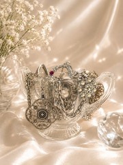 Vintage Style to Modern Jewelry Lot in Glass Dish Silver Tone Rhinestone Mix