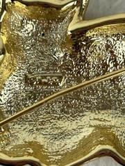 Vintage AJC Etched Cat Brooch Pin Gold Tone Patchwork Floral Metal
