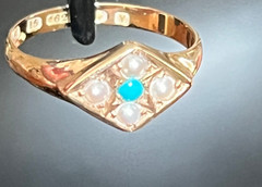 1873 Victorian Turquoise Seed Pearl 15k Gold Ring Birmingham Size 6.5+/- not 14k