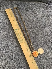 Vtg Carved Floral Necklace Faux Orange Lucite Acrylic Flower Gold Tone Chain