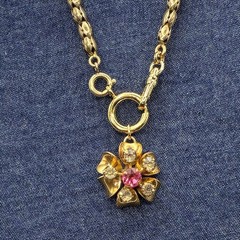 Vintage 12k Gold Filled Pocket Watch Sugar-Puff Link Chain FOB Dog Clip,Pink Gem