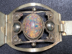 Vintage Taxco Mexico Sterling Silver Faux Fire Opal Link Panel Patina Bracelet