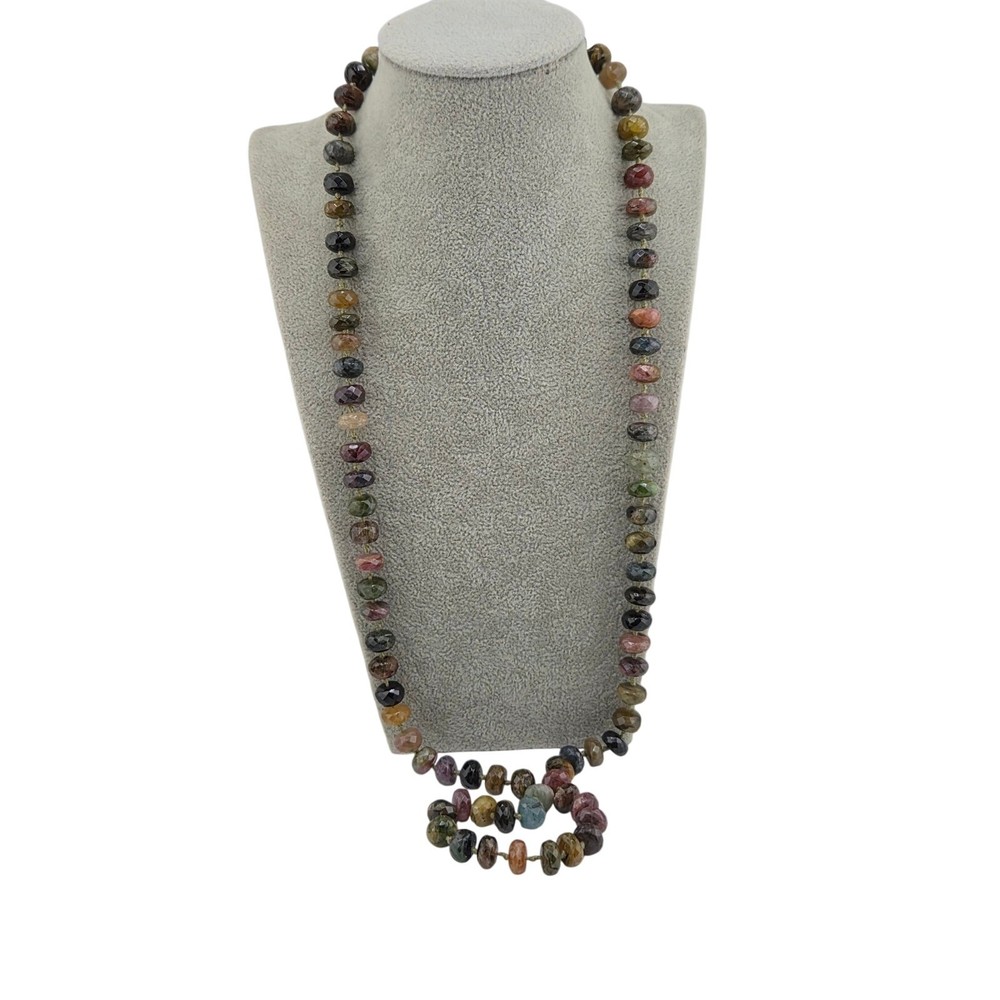 32″ Genuine Multi Tourmaline Faceted Hand Knotted Gemstone Necklace 925