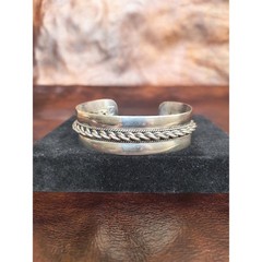 Vintage Southwest Sterling Silver Cuff Bracelet, Signed AW, Braided Rope, 7.25″