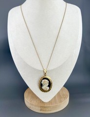 Vintage Cameo Necklace Resin Lady with Rhinestone Black Cream Gold Tone 23”