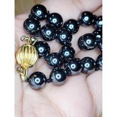 Vintage Black Hematite Bracelet Hand Knotted Beads Gold Tone Barrel Clasp