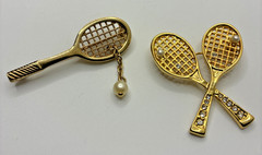 Vintage Tennis Brooch Pin Lot Avon Sports Racket Faux Pearl Gold Silver Tone 3