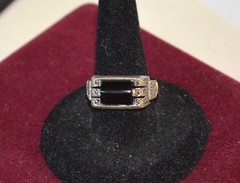 Antique Art Deco Sterling Silver Ring Black Onyx & Marcasite SZ 6 3/4