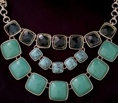 ANNE KLEIN Vtg Necklace Varied Aqua Stones, Tri-Stand Design, Golden- Toned Base