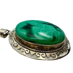 Sterling Silver & Malachite Statement Artisan Pendant Chain Necklace Handmade
