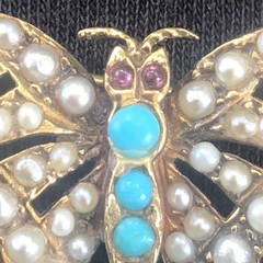 C1910 1920s Antique 15k / 15ct Gold Seed Pearl & Turquoise Butterfly Brooch Pin