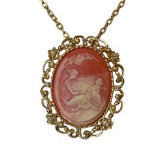 Vintage Gold Tone Cameo Mother Child Pendant Necklace Brooch Pin Pink Filigree