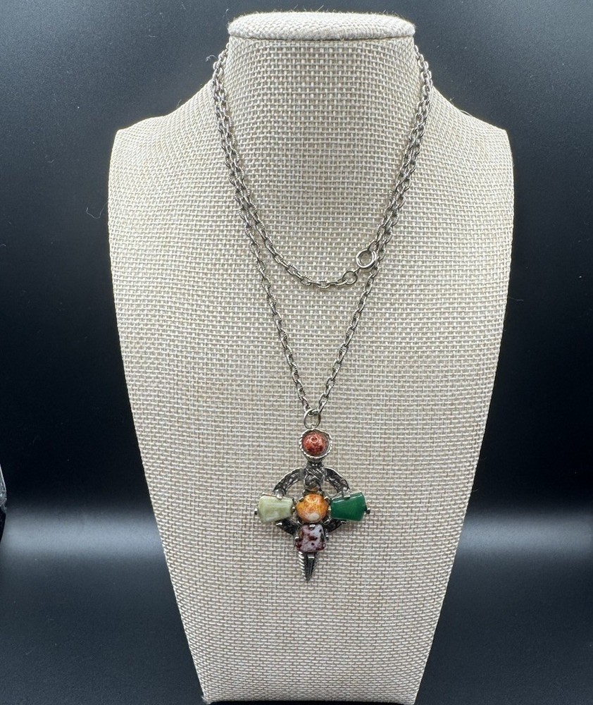 VTG Celtic Scottish Cross Pendant Necklace Multicolor Glass Stones 22″ inch