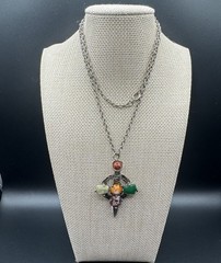 VTG Celtic Scottish Cross Pendant Necklace Multicolor Glass Stones 22″ inch
