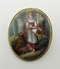 Vintage 14K Gold Numbered Hand Painted Porcelain Girl with Dog Brooch – LB3155