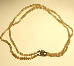 Antique1940s Champagne Ivory Pearl Necklace Bridal Two Strand STERLING Sil Clasp