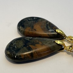 Brachiated Agate Green/Orange Earrings Gold-Plated French Wire Natural Gemstone