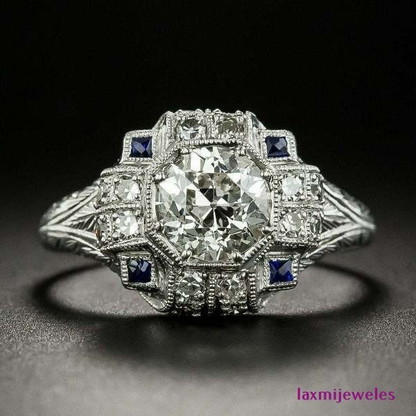 2.50Ct Lab Created Diamond Vintage Ring Art Deco Sapphire Accent 14K Gold Finish