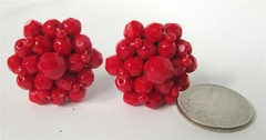 Vintage Germany Red Czech Glass Bead Beaded Cluster Earrings Clip On Hexagon