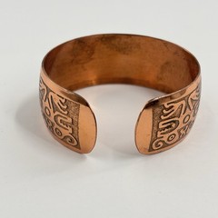 Vintage Copper Cuff Bracelet Etched Tribal Symbol Stone Cabochon Artisan Boho
