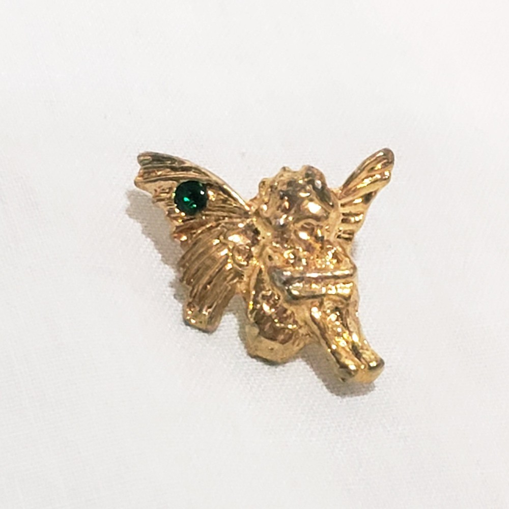 Angel Fairy Sitting Holding Legs Rhinestone Lapel Pin 3/4″ Vintage Gold Tone
