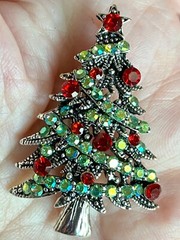 Green AB Rhinestone Christmas Tree Brooch 1.8X1.2 inches