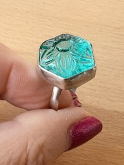 VINTAGE CARVED FLOWER AQUA BLUE GLASS RING 925 STERLING UNIQUE HEXAGON SHAPE