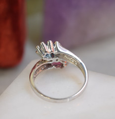 Estate 14K White Gold Toi et Moi Pink Tourmaline Blue Topaz Ladies Diamond Ring