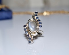 Vintage Moonstone & Sapphire Large Statement Ring in Palladium Bypass Design Cey
