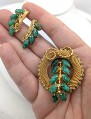 Vintage HOBE Brooch Earrings Set Green Art Glass Gold Mesh Rhinestone