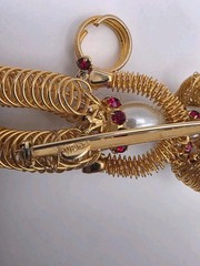 Vintage Signed Weiss Ruby Red Crystal & Faux Pearl Wire Cowboy W/Lasso Brooch