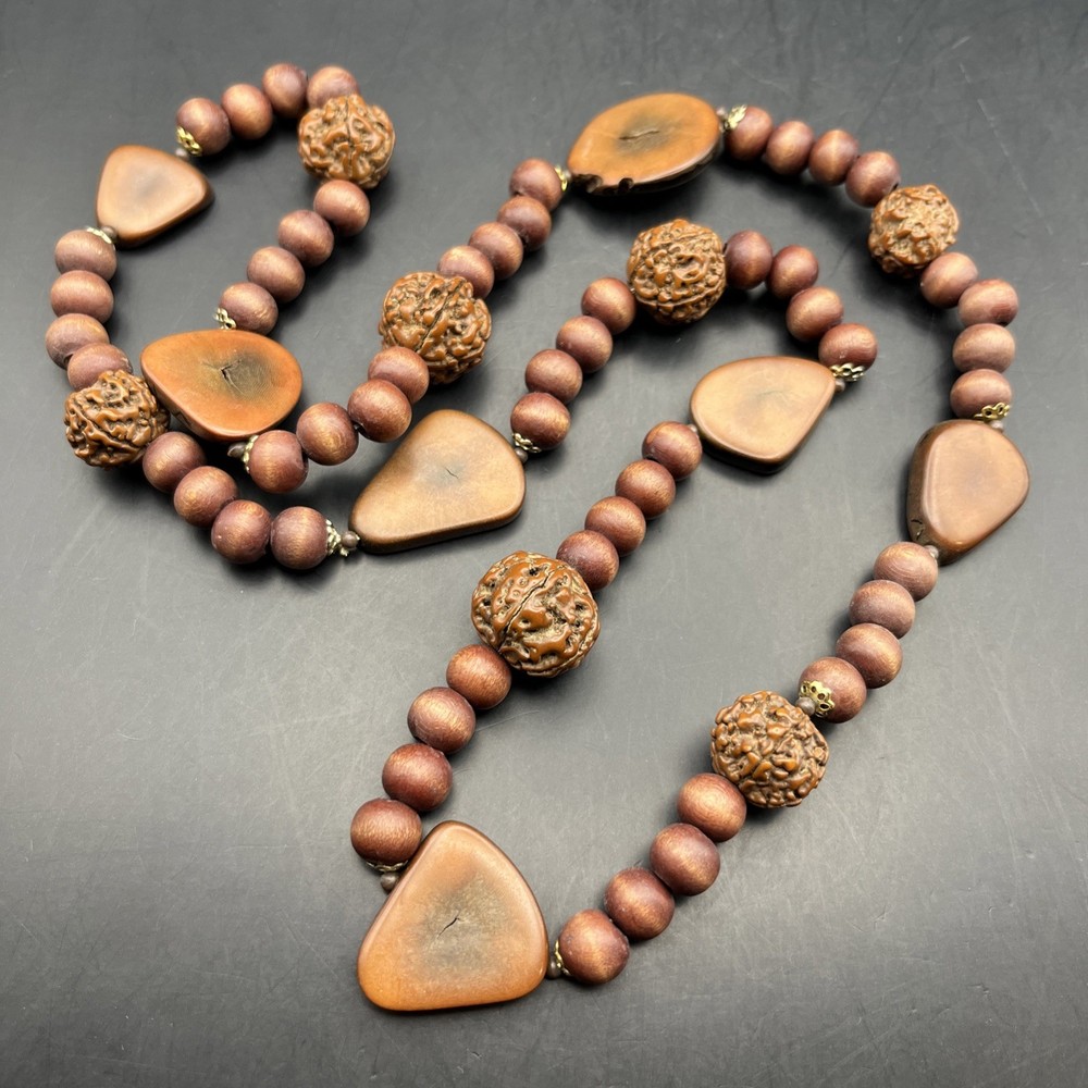 Chunky Boho Beaded Necklace Wooden Nut Seed Chocolate Brown Long 32” In Vintage