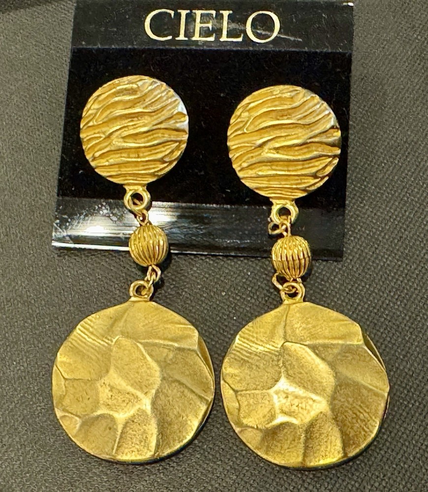 Vintage Gold Tone Disc Dangle Drop Runway Statement Earrings CIELO 1980s Runway