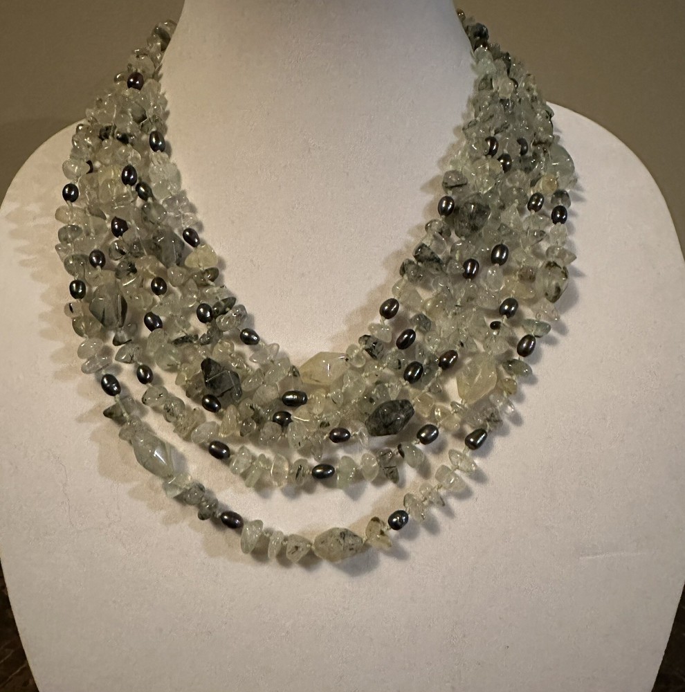 Vintage Tourmalinated Prehnite Nugget Necklace W/Bicone Beads, Freshwater Pearls