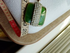 Nice faux jade gold tone necklace with strip of rhinestones. 19″ total 2″ stone