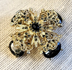 Filigree Gold Tone Smoky Gray Rhinestone Brooch Pin Intricate Detail Layered