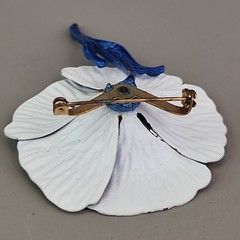 Vintage Enamel Flower Set Brooch Clip On Earrings Navy Blue White Anemone