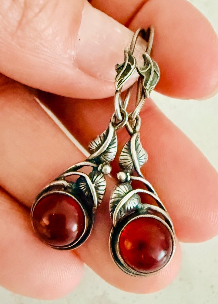 Vintage Sterling Silver Cognac Amber Cabochon Drop Earrings | Ornate Leaf Vine D